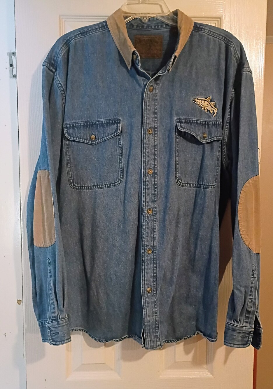 Reel Legends Blue Denim Button-Down Shirt with Tan Elbow Patches